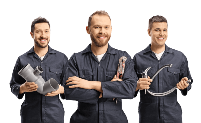 Three plumbers smiling at the camera - dressed in grey.